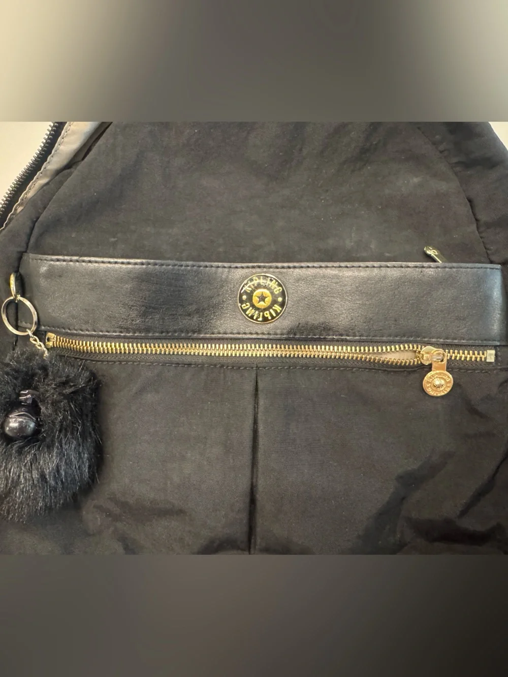 Kipling Black Nylon Backpack with Pom Pom Charm